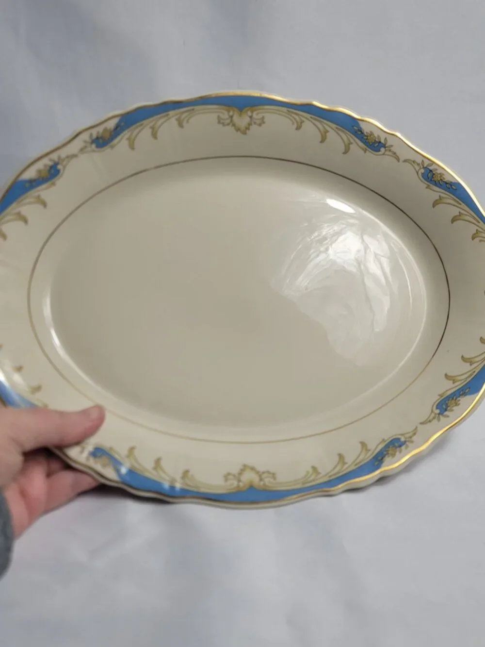 Syracuse China Carvel 14 Inch Oval Serving Platter Ivory with Blue Panels & Gold